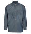 Tint wash denim shirt laid flat, front view.